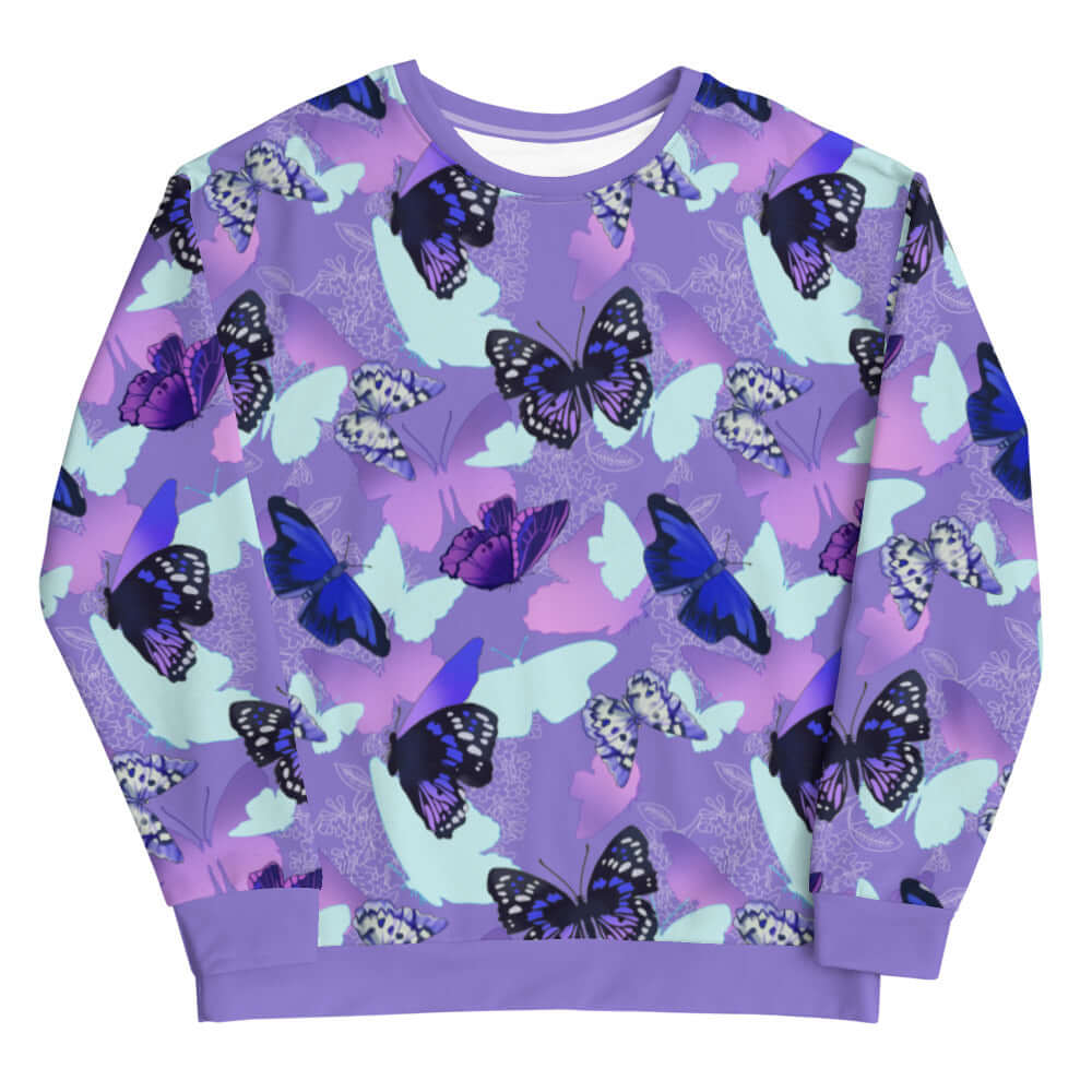 Colorful butterfly patterns adorn this stylish Butterfly Sweatshirt, perfect for a unique and cozy look.