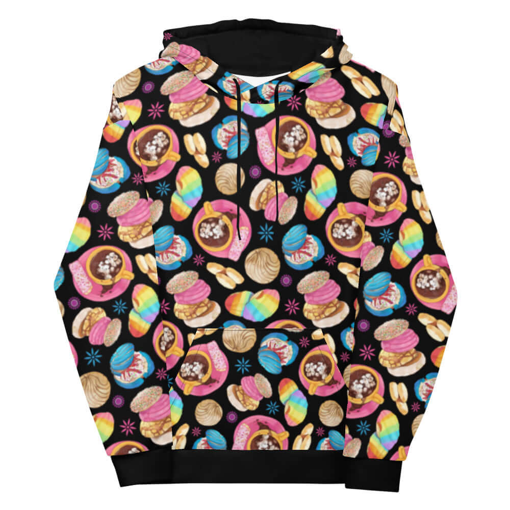 Colorful Pan Dulce Hoodie featuring vibrant baked goods print, perfect for those who love sweet comfort everywhere.
