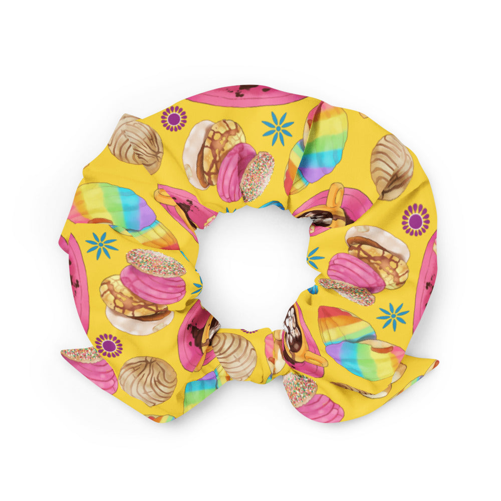 Bright and colorful Pan Dulce Scrunchie featuring delightful baked treats, perfect for adding flair to any outfit.