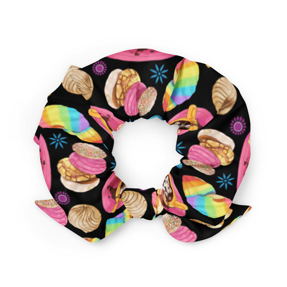 Bright and colorful Pan Dulce Scrunchie featuring baked treat designs, perfect for adding flair to any outfit.