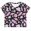 Colorful Space Crop Top featuring a fun cosmic print, perfect for a cute Harajuku-inspired look.