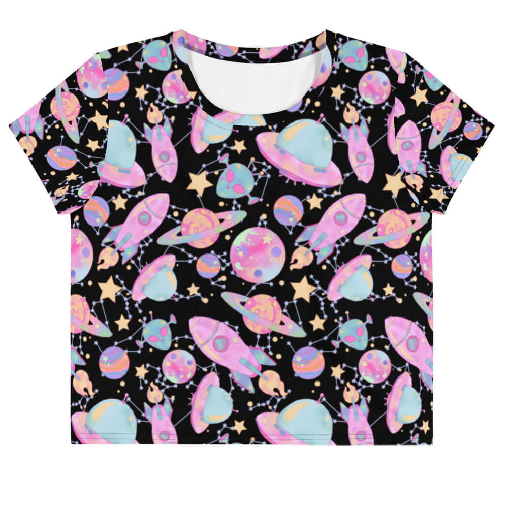 Colorful Space Crop Top featuring a fun cosmic print, perfect for a cute Harajuku-inspired look.