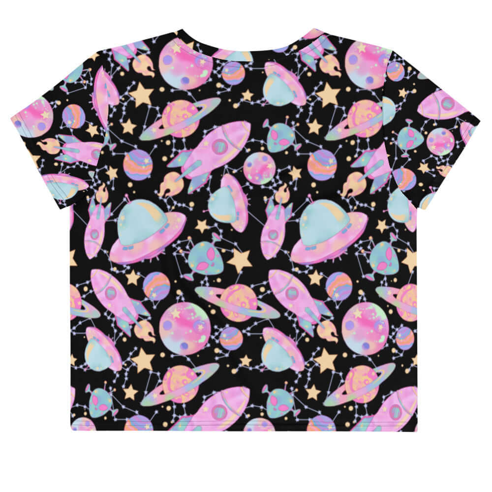 Colorful Space Crop Top featuring a playful print of planets and rockets, perfect for a kawaii-inspired look.