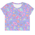 Colorful Space Crop Top featuring a playful design of planets and rockets, perfect for a trendy Harajuku-inspired look.