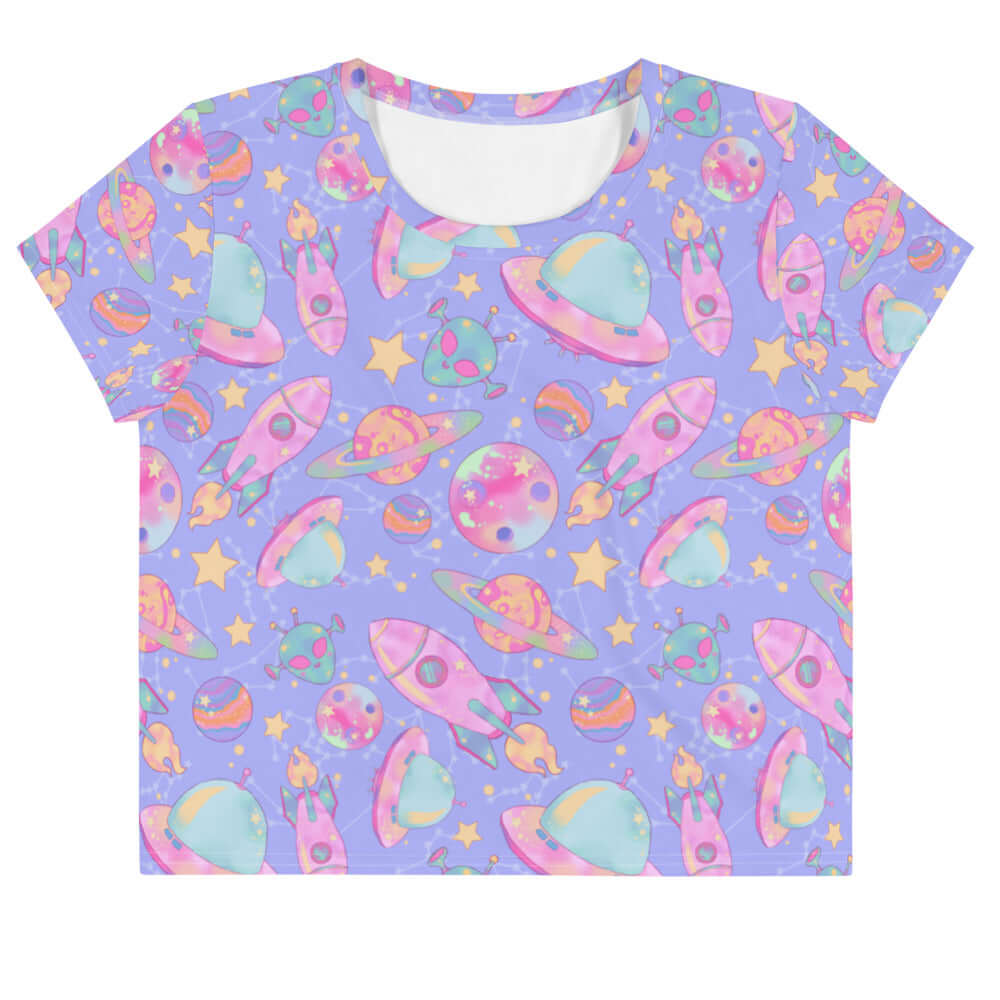 Colorful Space Crop Top featuring a playful design of planets and rockets, perfect for a trendy Harajuku-inspired look.