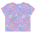 Colorful Space Crop Top featuring a playful design of planets and rockets, perfect for a cute Harajuku-inspired look.