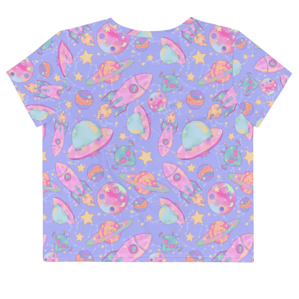 Colorful Space Crop Top featuring a playful design of planets and rockets, perfect for a cute Harajuku-inspired look.