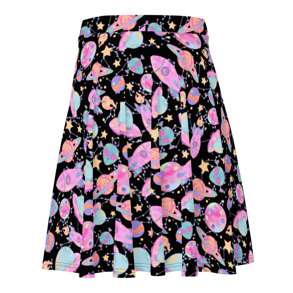 Colorful Space Skater Skirt featuring a playful galaxy design, perfect for a cute, kawaii-inspired look.