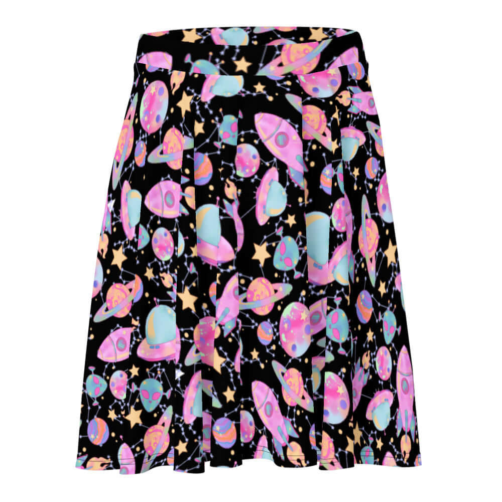 Colorful Space Skater Skirt with a flattering silhouette, perfect for a kawaii look inspired by Harajuku fashion.
