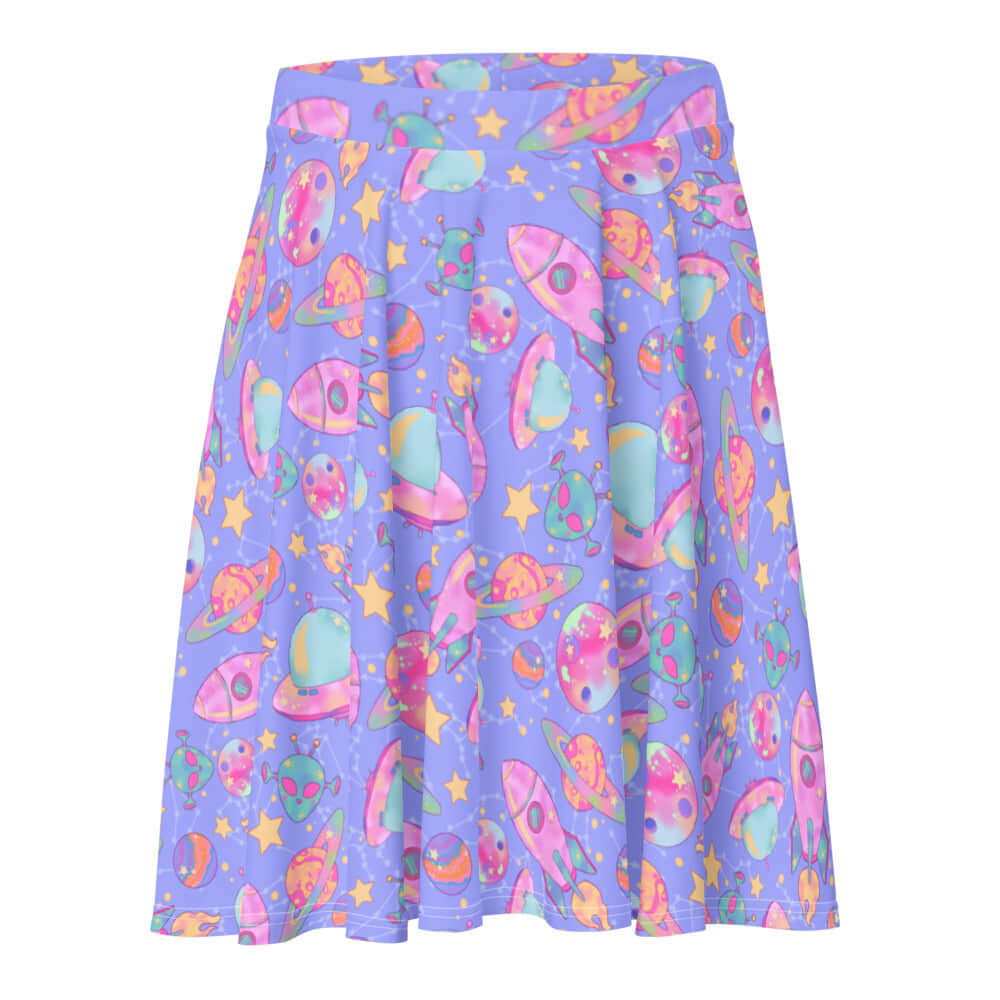Colorful Space Skater Skirt featuring a mesmerizing design, perfect for a kawaii look in any setting.