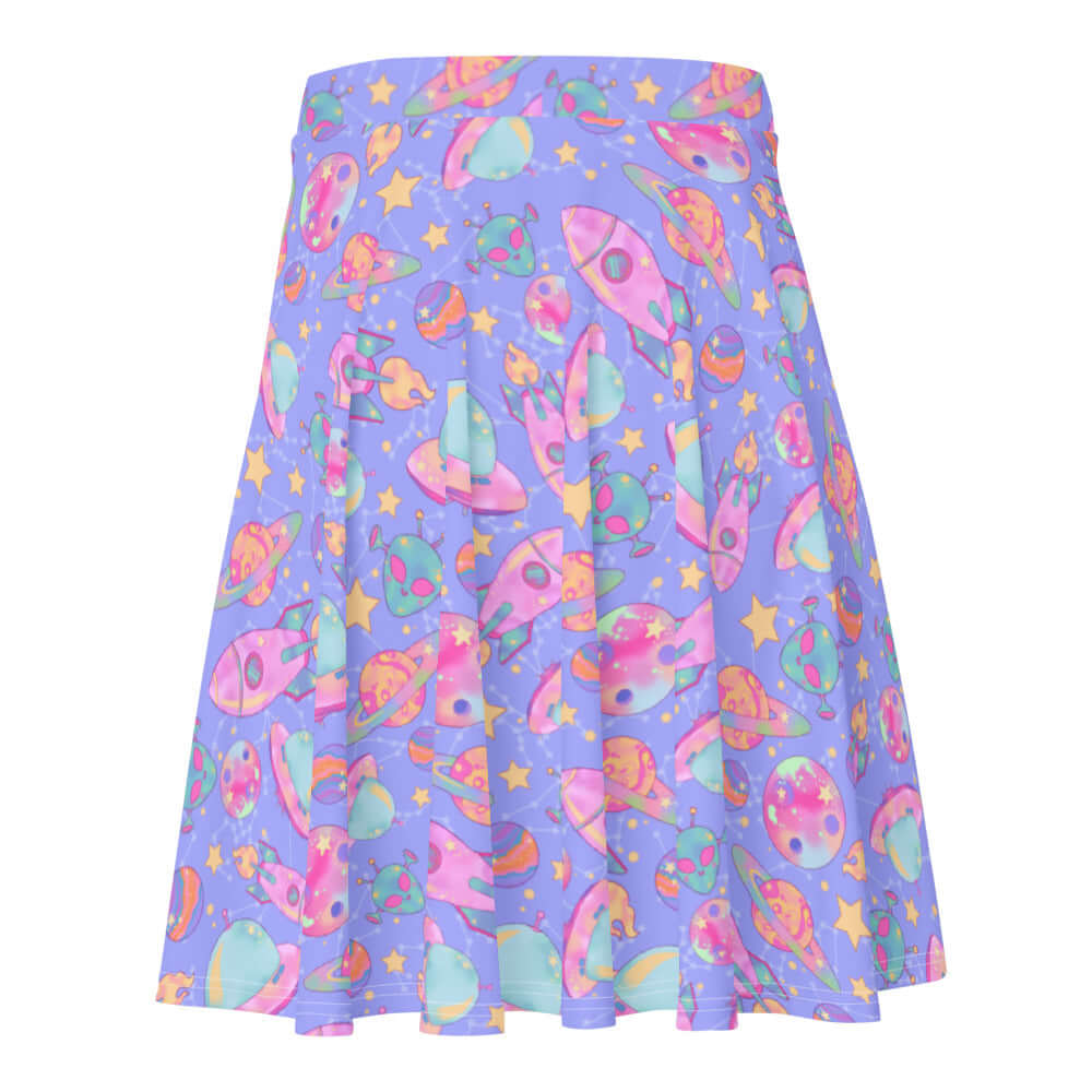 Colorful Space Skater Skirt features a playful design, perfect for a kawaii look inspired by Harajuku style.