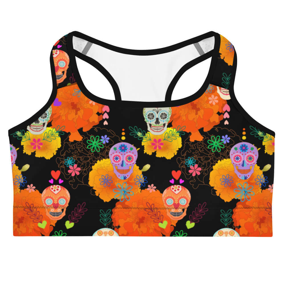 Bright and colorful Sugar Skull Sports bra perfect for vibrant workouts, featuring moisture-wicking material for comfort.
