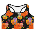 Bright and colorful Sugar Skull Sports bra perfect for vibrant workouts, featuring moisture-wicking material for comfort.