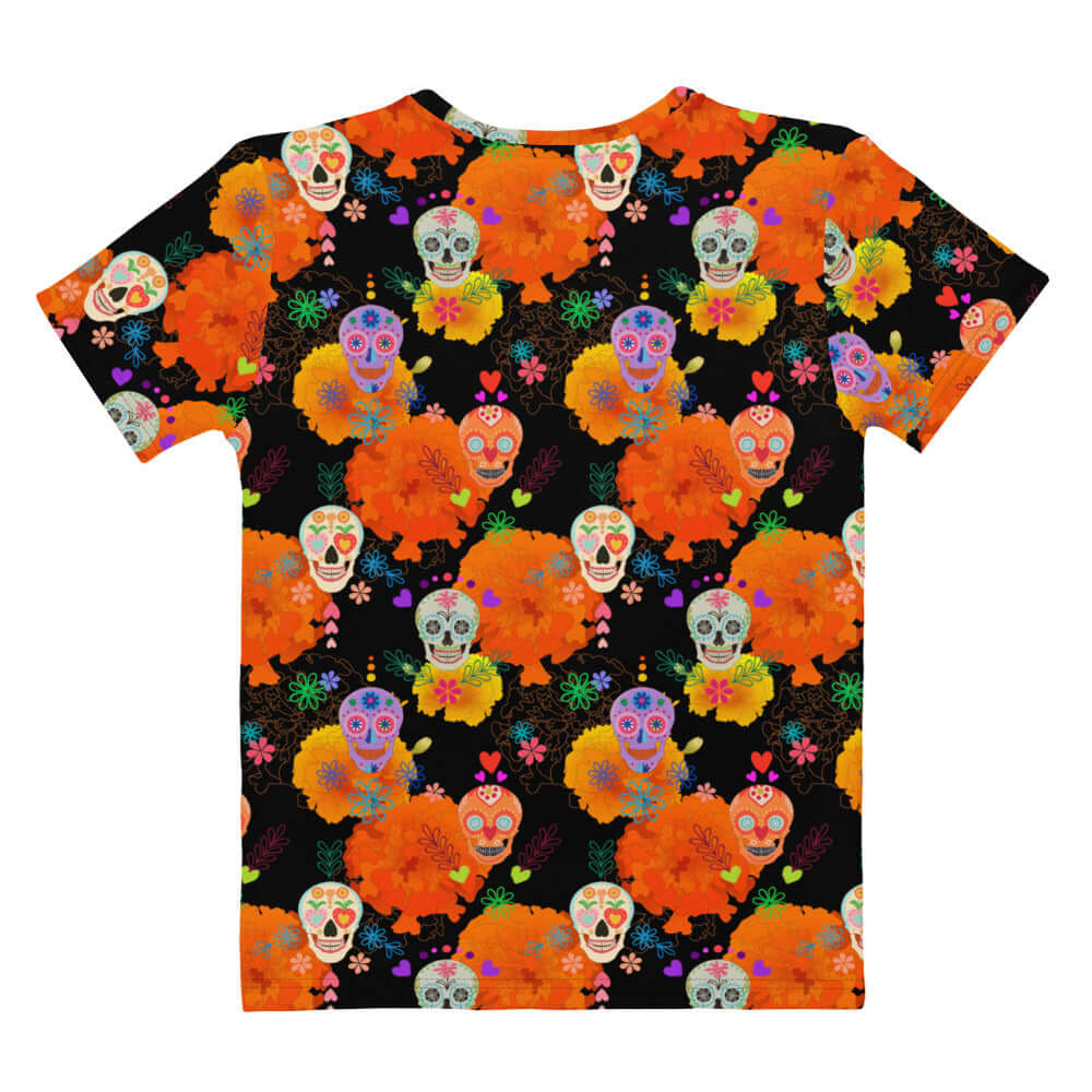 Vibrant Sugar Skull T-shirt featuring colorful designs, perfect for festivities and casual wear. Stylish and comfortable!