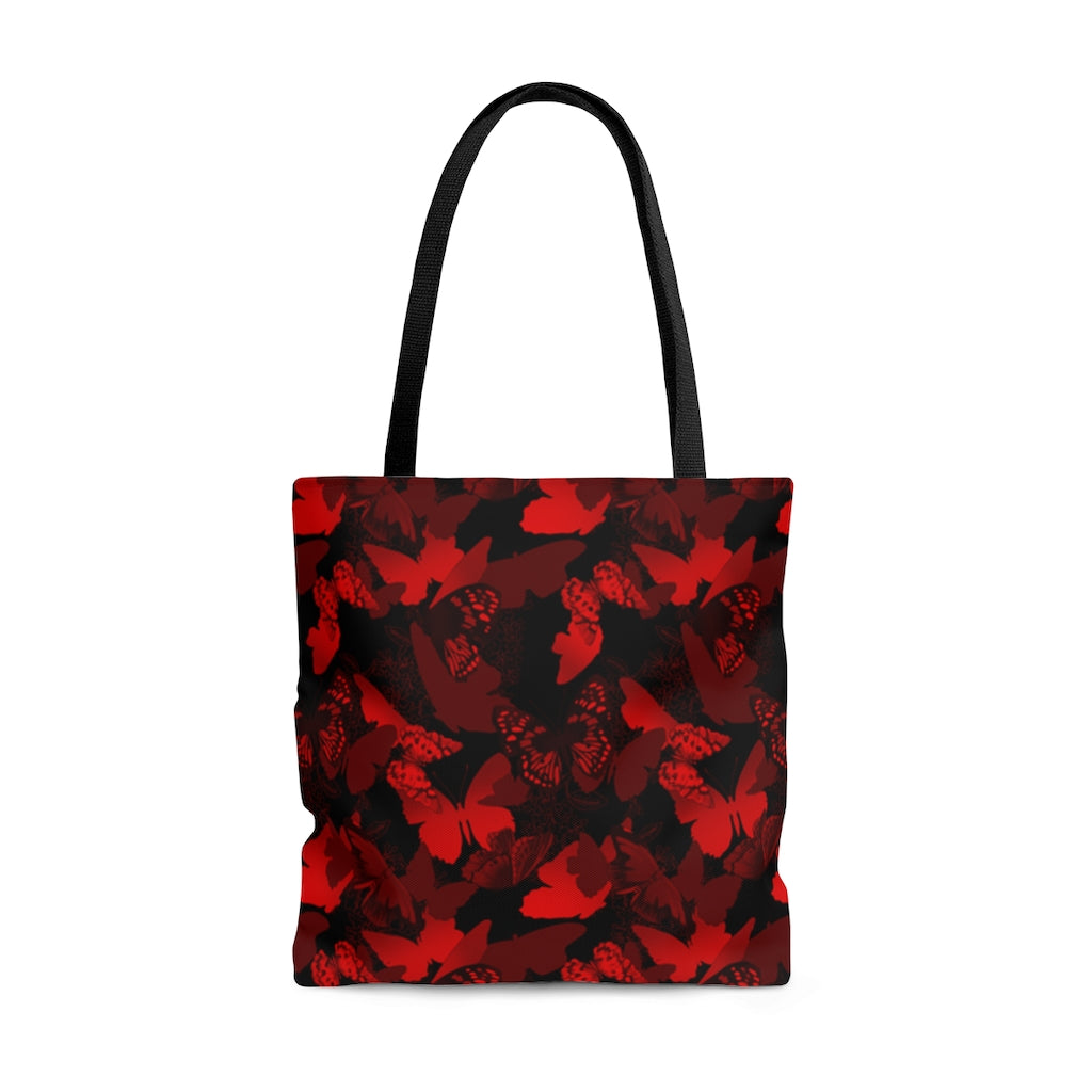 Stylish Crimson Butterfly Tote Bag featuring a vibrant butterfly print, perfect for any occasion.