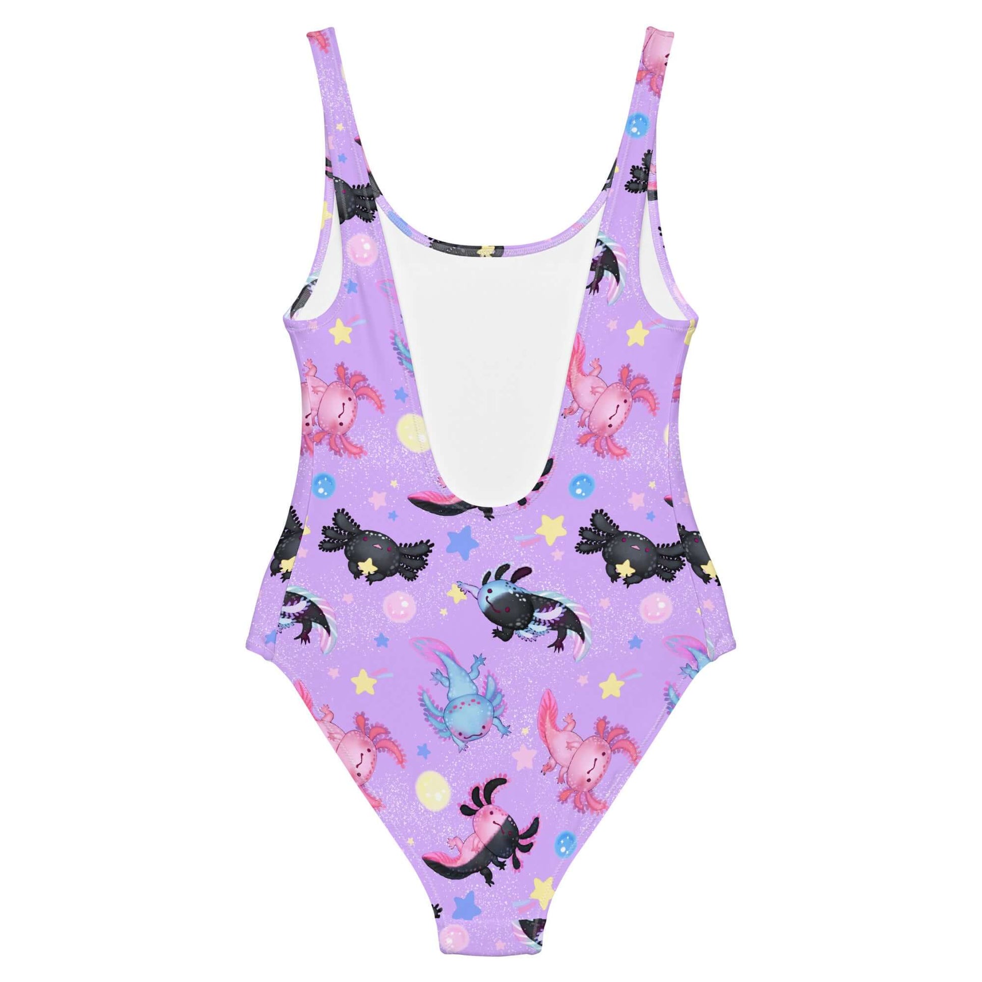 Stylish Axolotl One-Piece Swimsuit featuring cute axolotls on a vibrant purple background, perfect for summer fun.