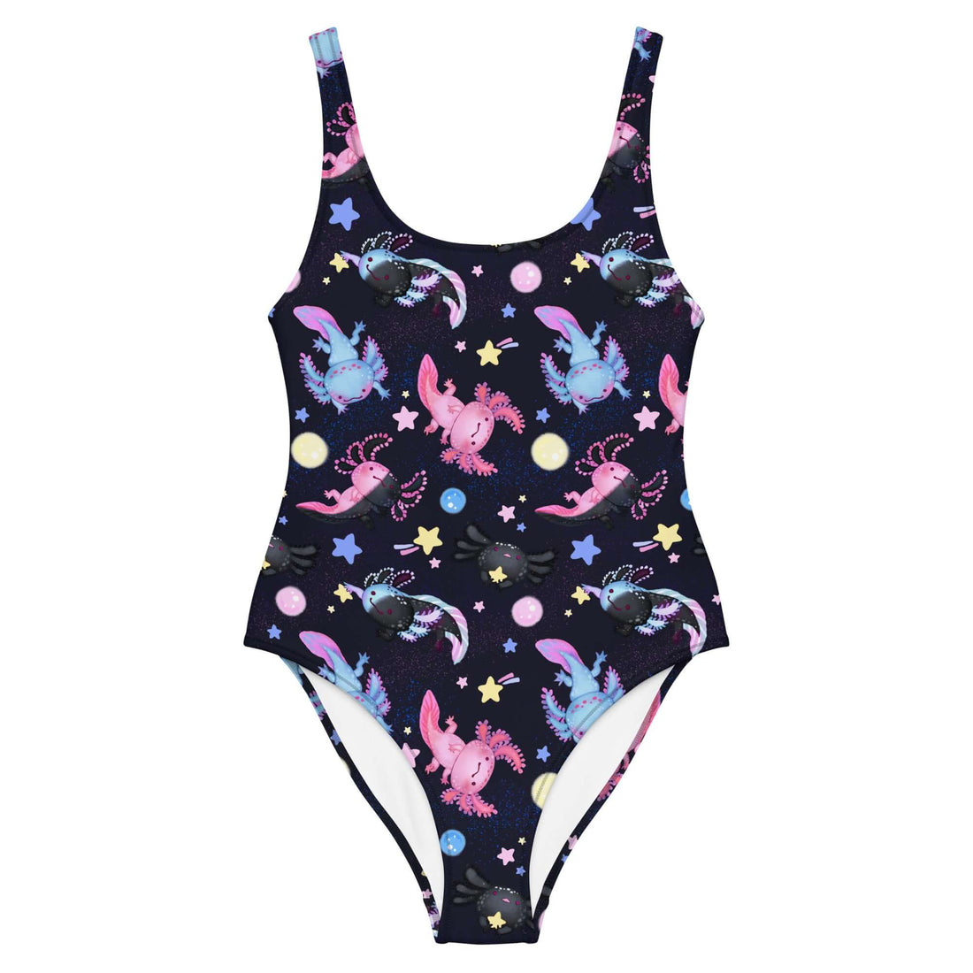 Cute Axolotl One-Piece Swimsuit featuring colorful axolotl designs, perfect for summer pool days or beach fun.