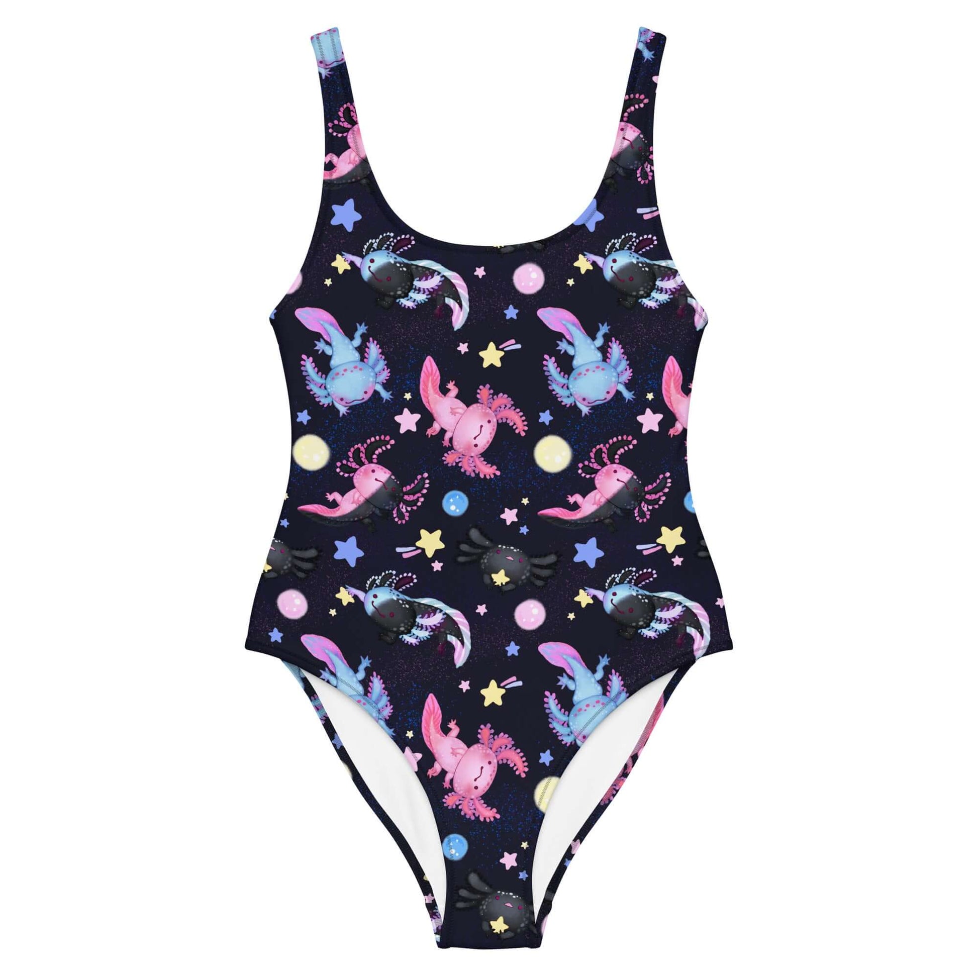 Cute Axolotl One-Piece Swimsuit featuring colorful axolotl designs, perfect for summer pool days or beach fun.