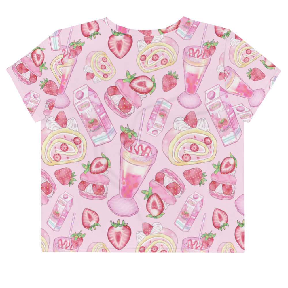 Cute Strawberry Crop Top in pastel pink, featuring a playful fruit pattern perfect for a kawaii aesthetic.