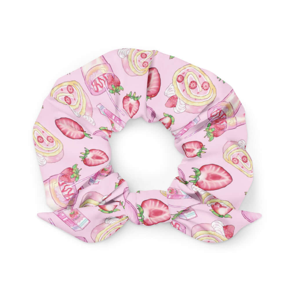 Cute pink Strawberry Scrunchie with dessert prints, perfect for adding a trendy touch to any outfit.