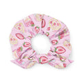 Cute pink Strawberry Scrunchie with dessert prints, perfect for adding a trendy touch to any outfit.