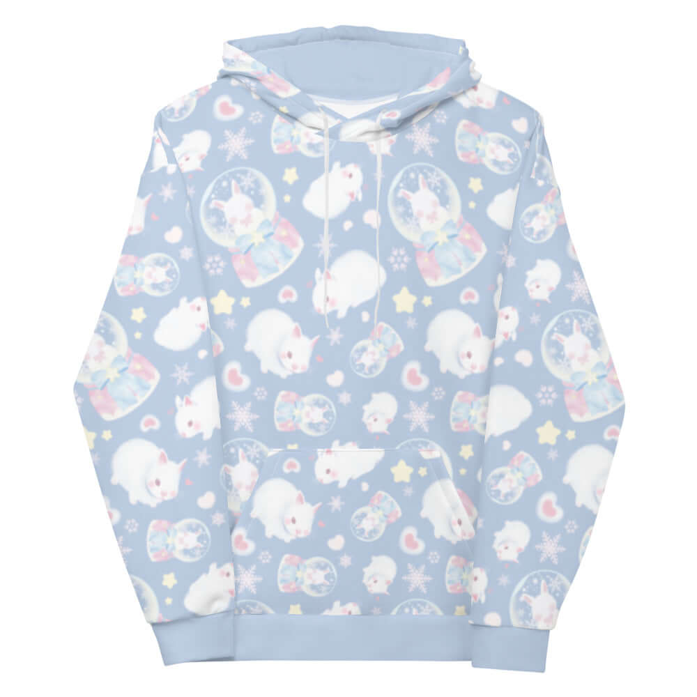 Cute Snow Bunny Hoodie featuring pastel bunnies and vibrant prints, perfect for cozy outfits and warm vibes.