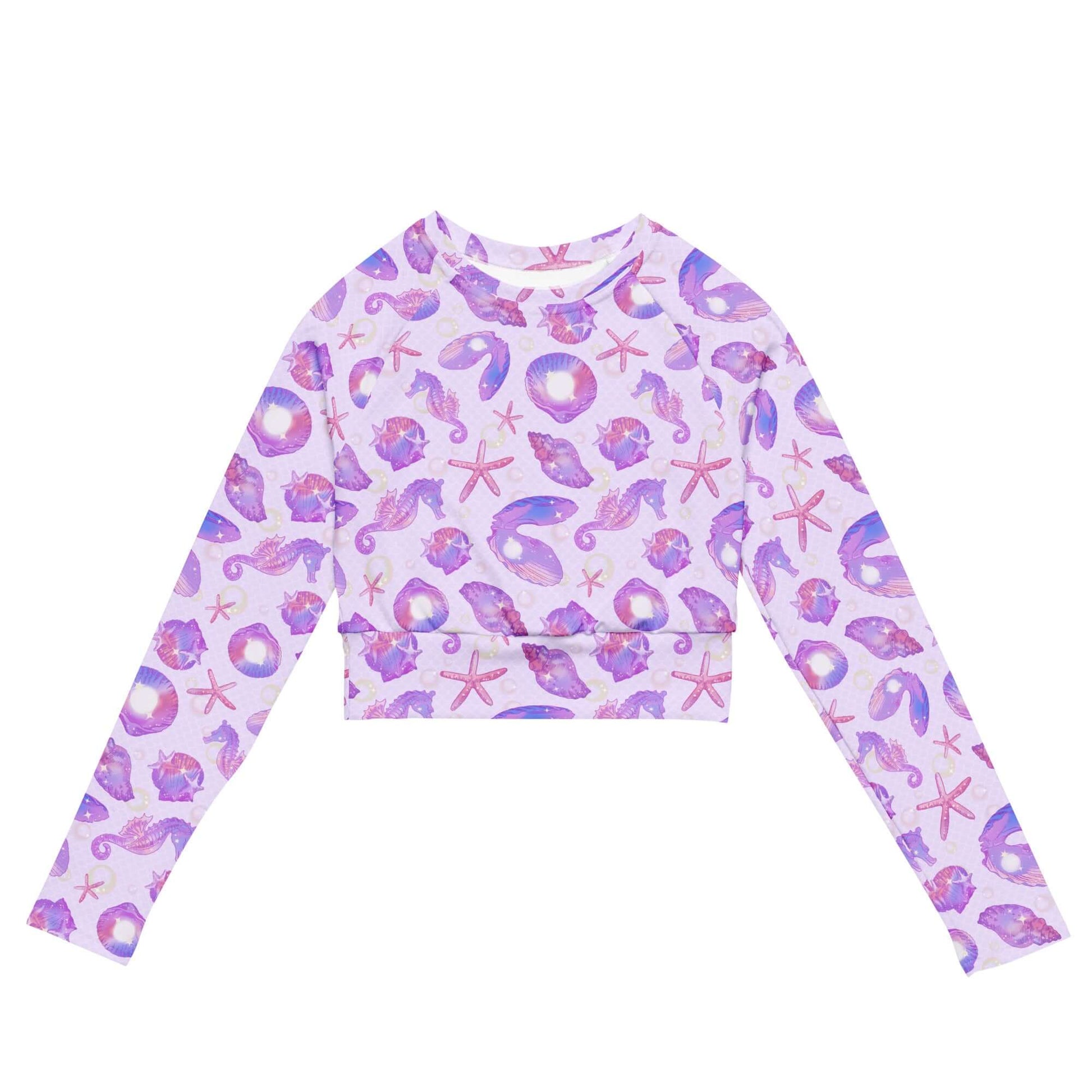 Colorful Sea Princess Long-sleeved Crop Top made from recycled materials, perfect for eco-friendly athleisure.