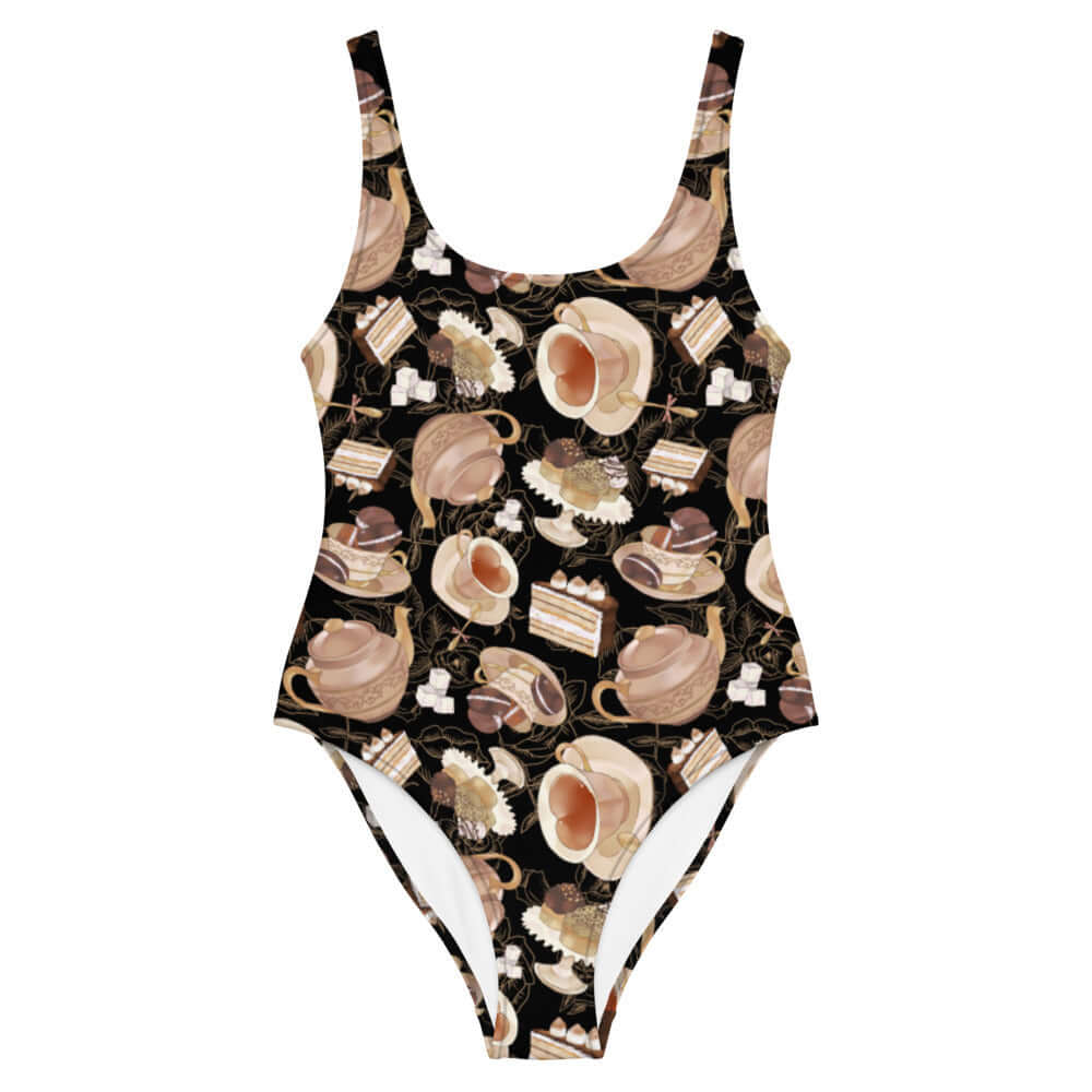 Stylish Café One-Piece Swimsuit featuring elegant tea and pastry prints, perfect for the beach or pool.