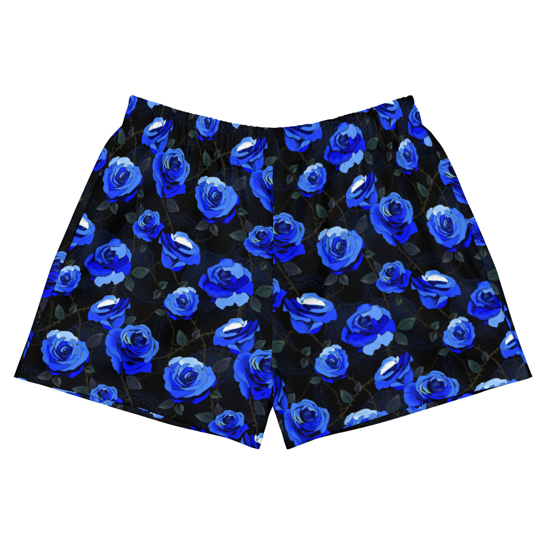 Stylish Enchanted Rose Athletic Short Shorts featuring vibrant blue roses, perfect for a comfy sporty look.