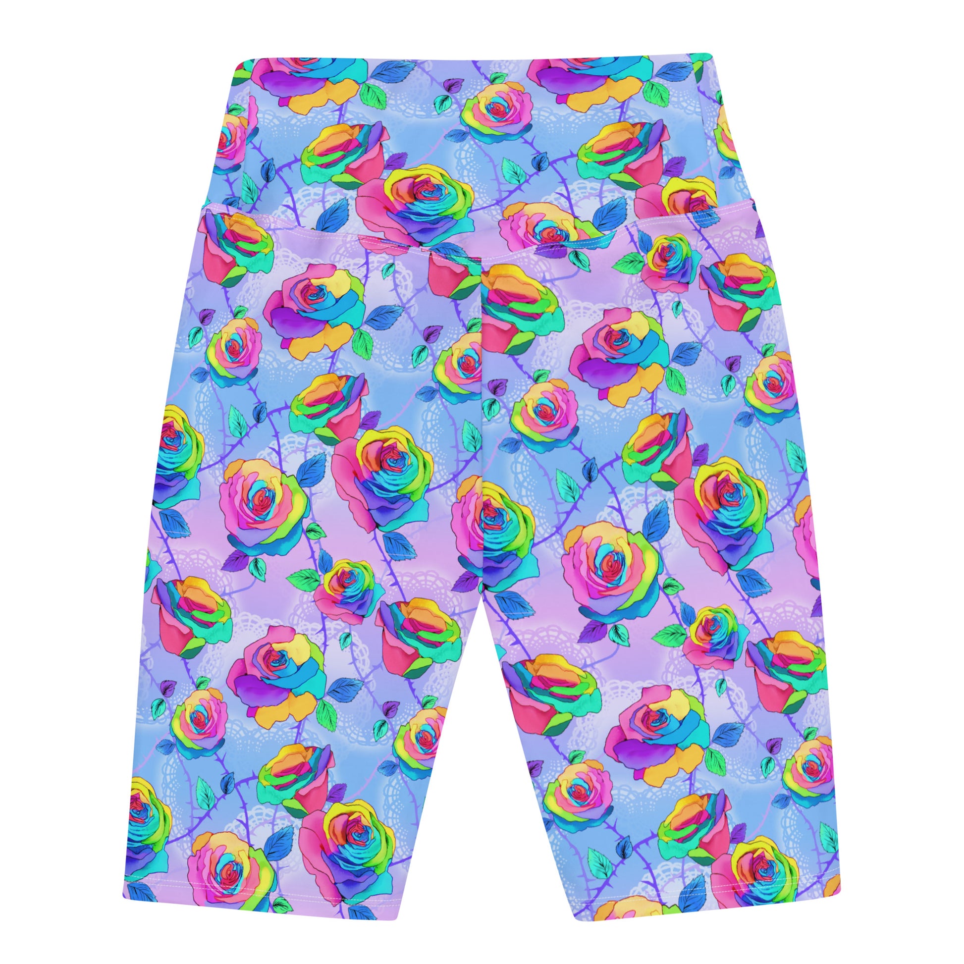 Bright and comfy Enchanted Rose Biker Shorts with vibrant floral print, perfect for casual wear and lounging.