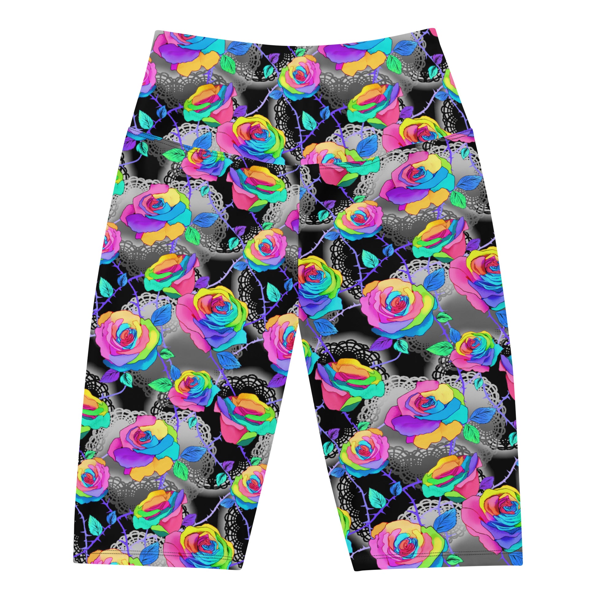 Colorful Enchanted Rose Biker Shorts feature vibrant floral patterns, perfect for active or relaxed days. Ideal for any outfit!