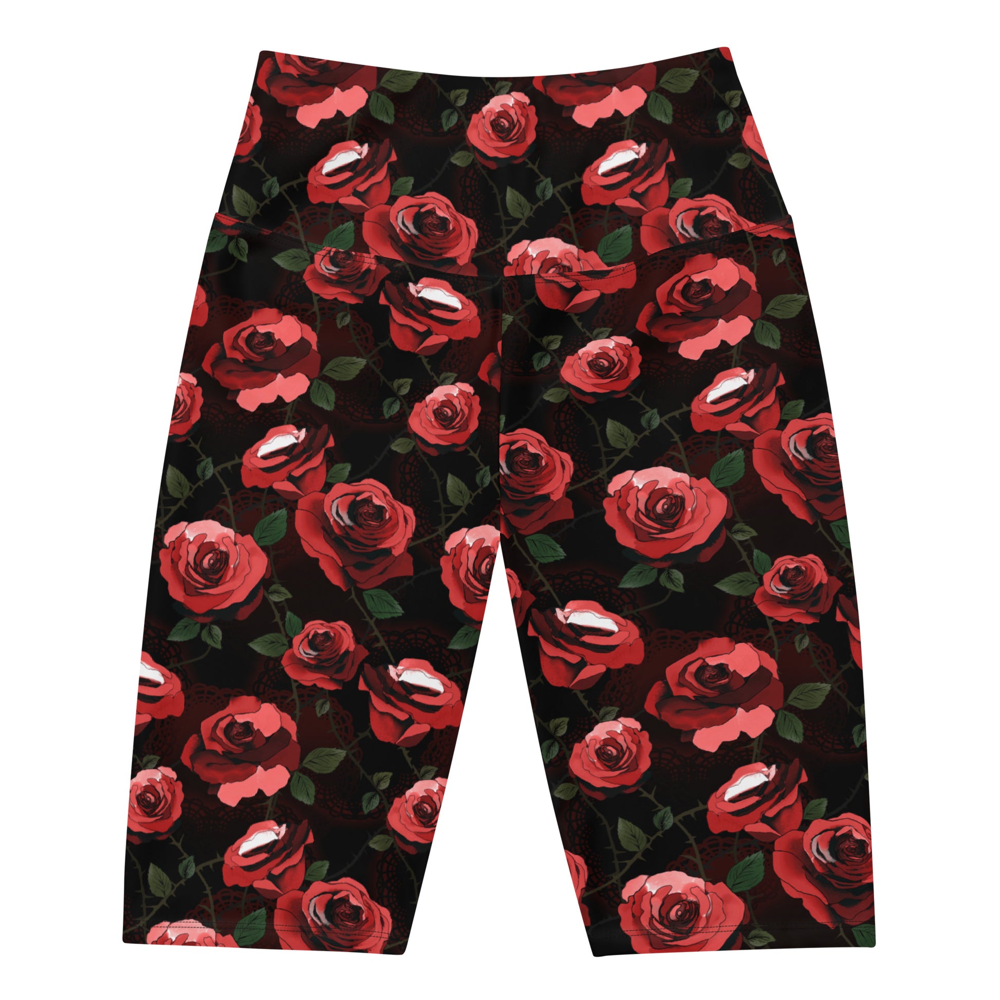 Stylish Enchanted Rose Biker Shorts with vibrant floral pattern, perfect for lounging or active wear.