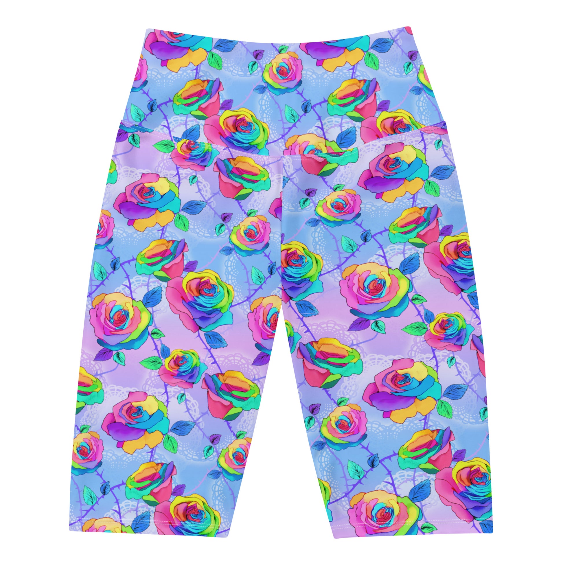 Bright and colorful Enchanted Rose Biker Shorts, perfect for lounging or workouts, add a pop to your style.