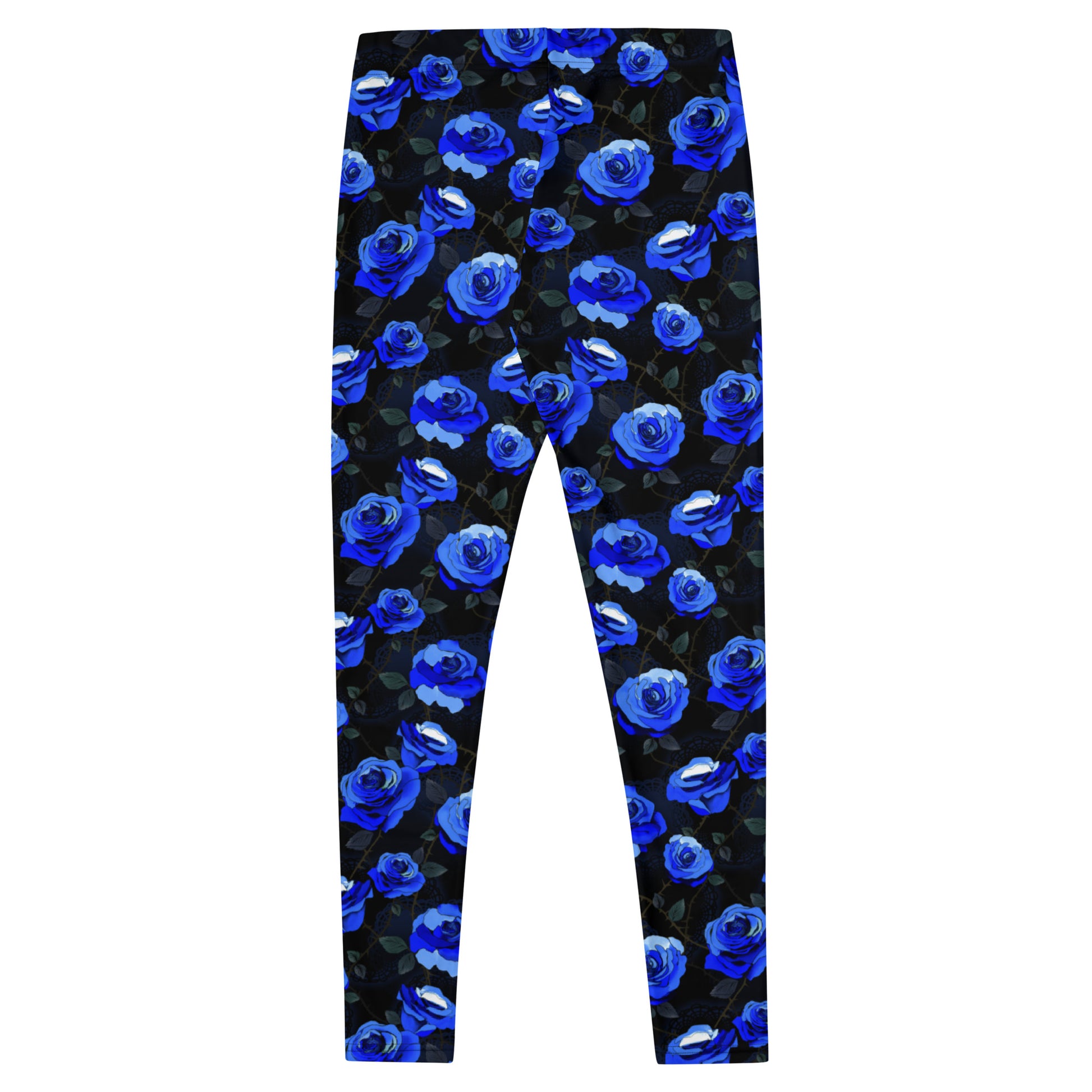 Stylish Enchanted Rose Leggings featuring elegant blue rose patterns, perfect for gym or casual outings.