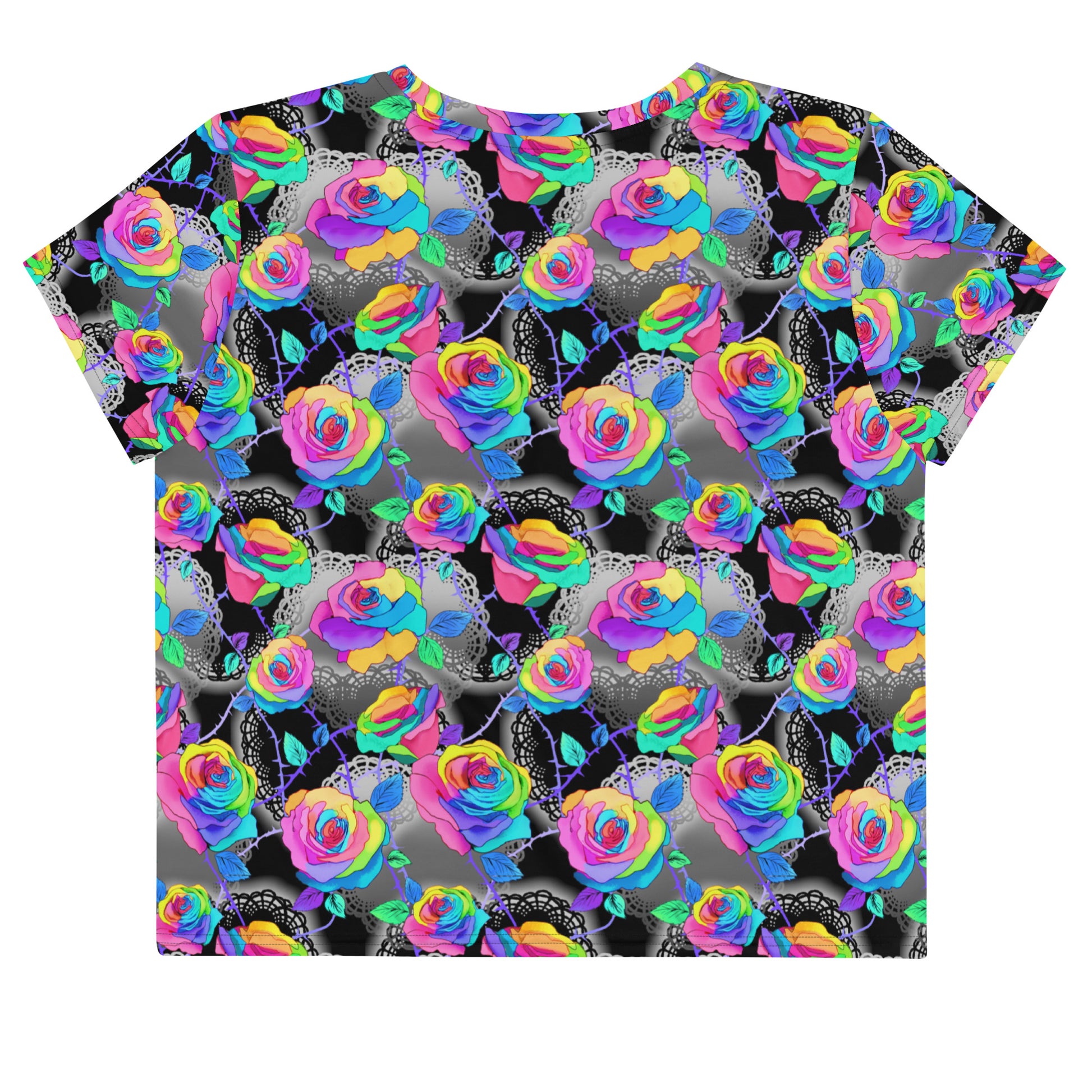 Vibrant Enchanted Rose Crop Top featuring colorful floral patterns, perfect for any outfit and mood.