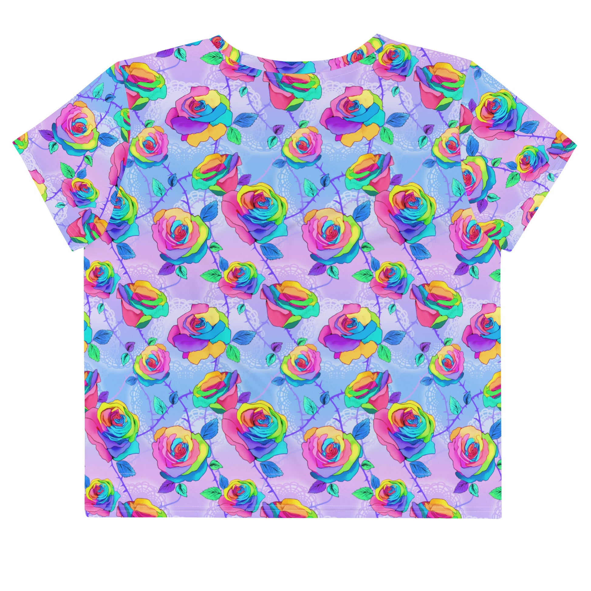 Vibrant Enchanted Rose Crop Top featuring colorful floral patterns, perfect for any outfit and mood.
