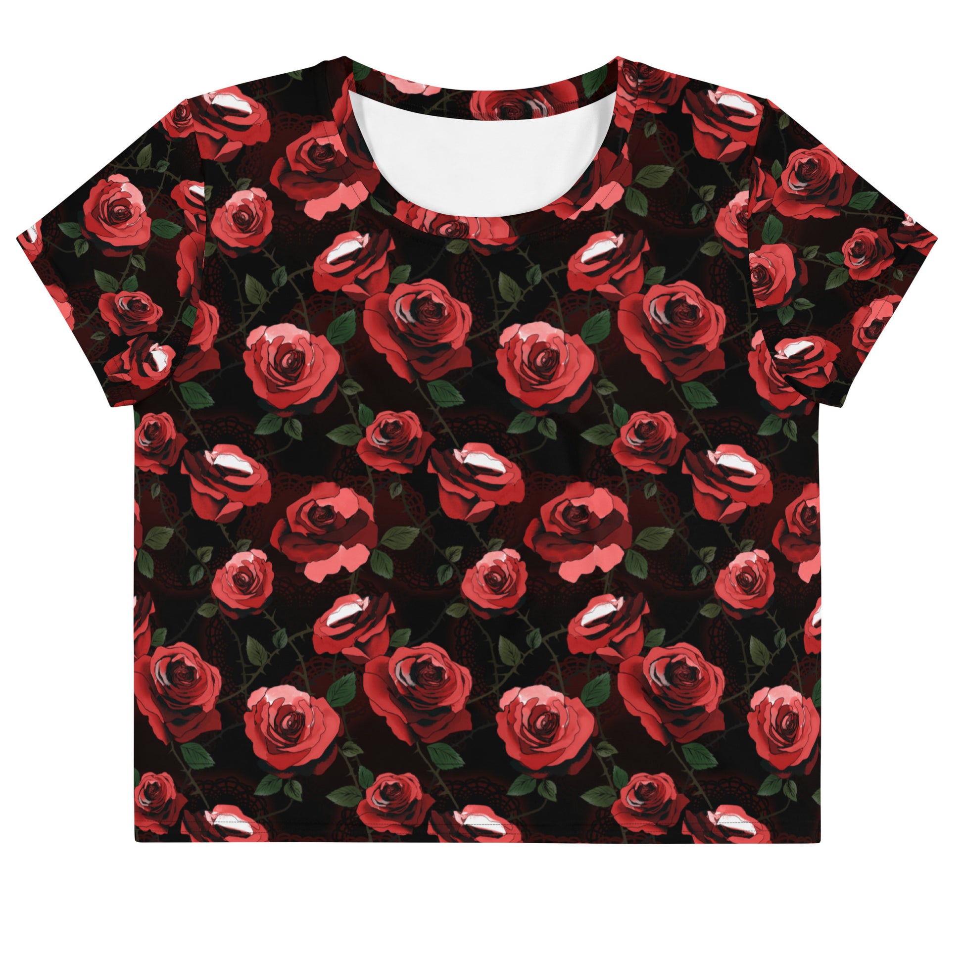 Stylish Enchanted Rose Crop Top featuring a vibrant floral design, perfect for any outfit and mood.