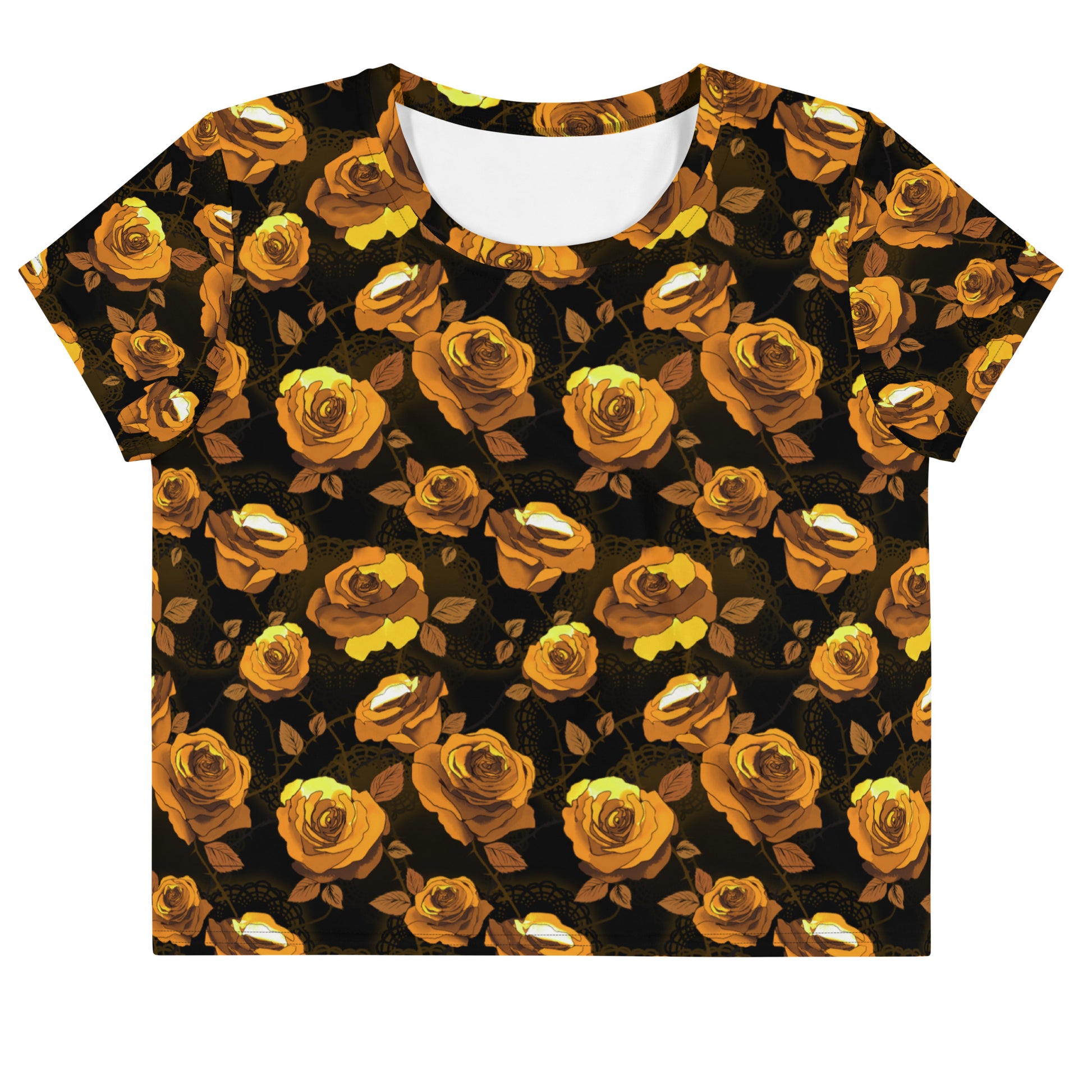 Stylish Enchanted Rose Crop Top features vibrant floral print, perfect for any mood and outfit combinations.