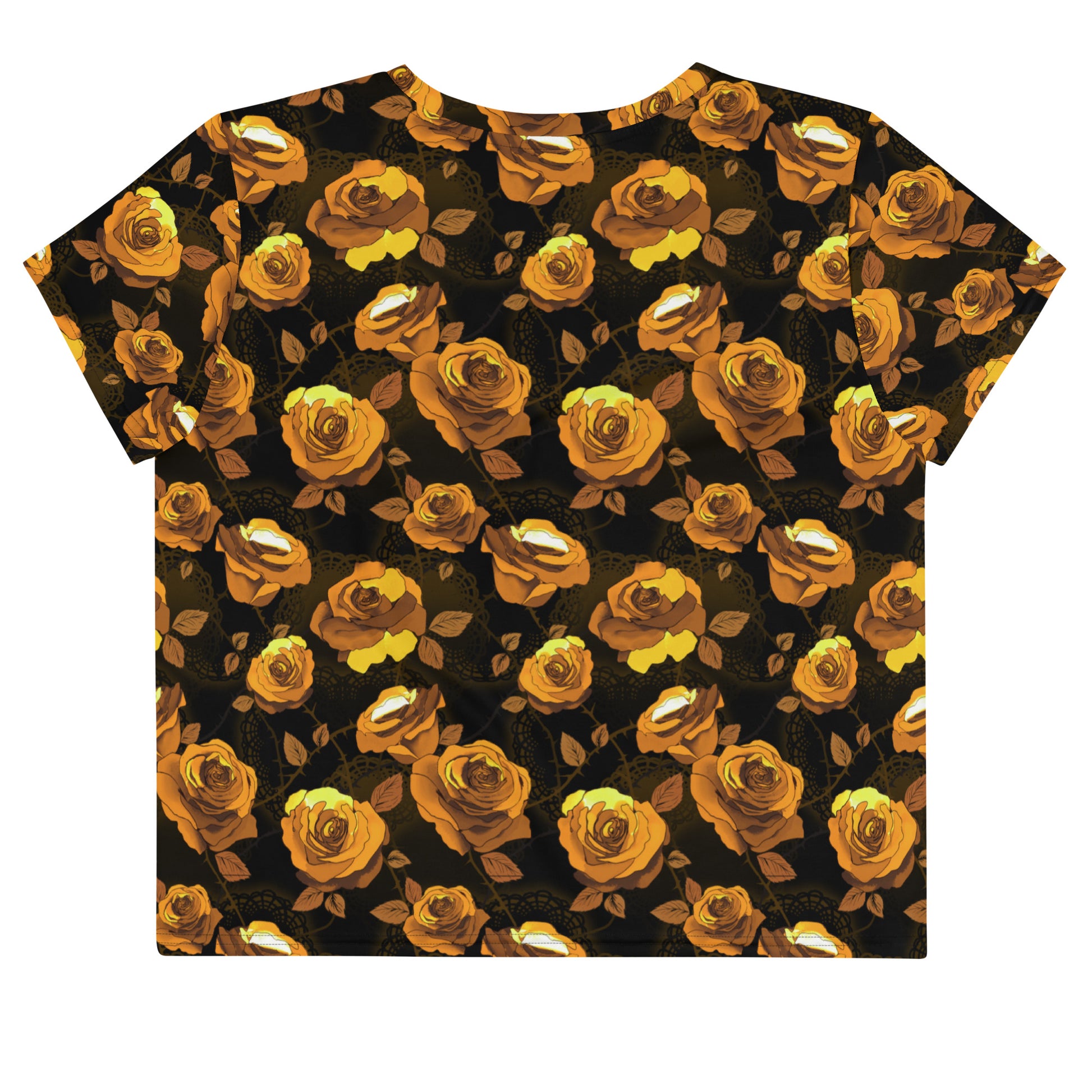 Chic Enchanted Rose Crop Top with vibrant floral design, perfect for any outfit and all-day comfort.