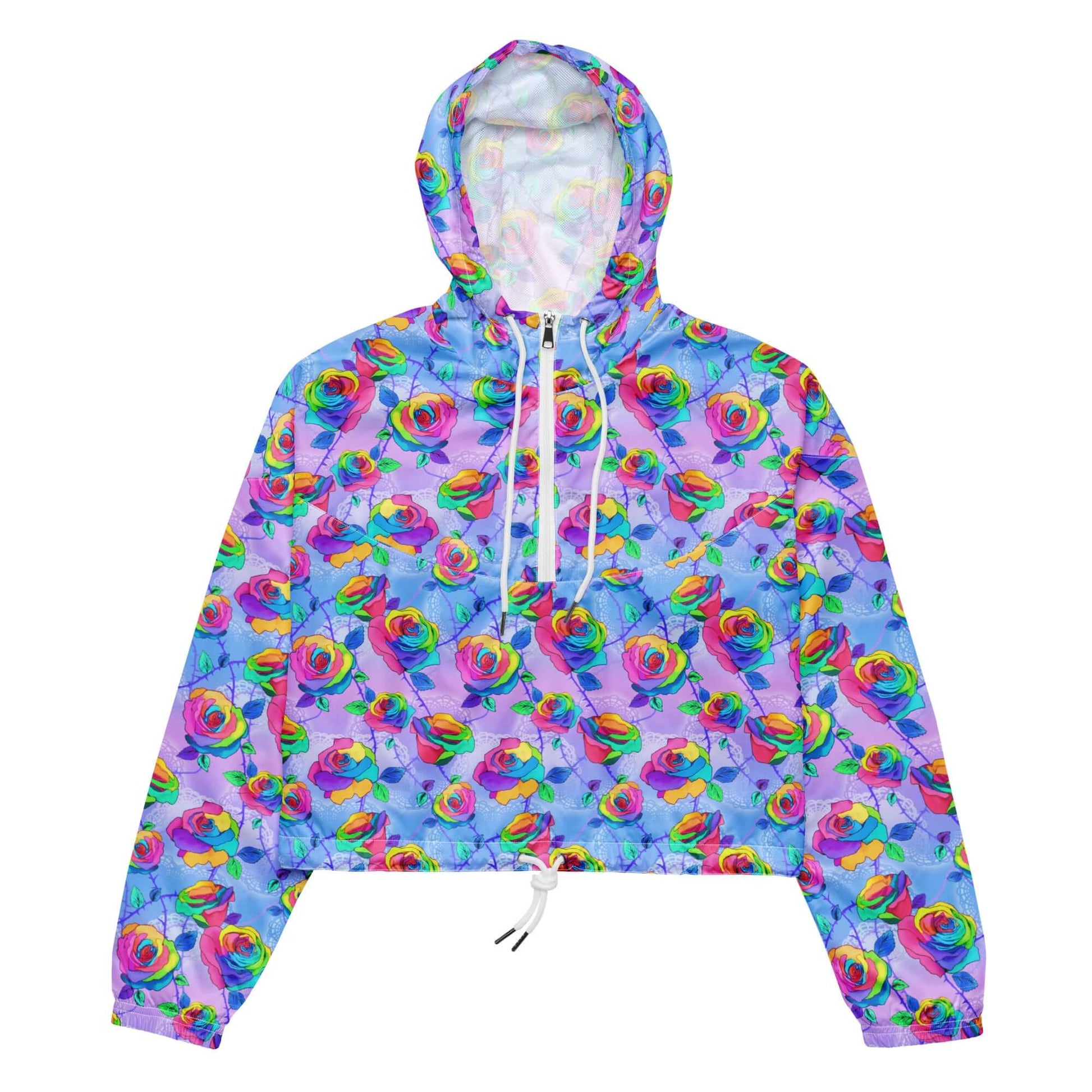 Stylish and lightweight, the Enchanted Rose cropped windbreaker features vibrant floral print and practical pockets.