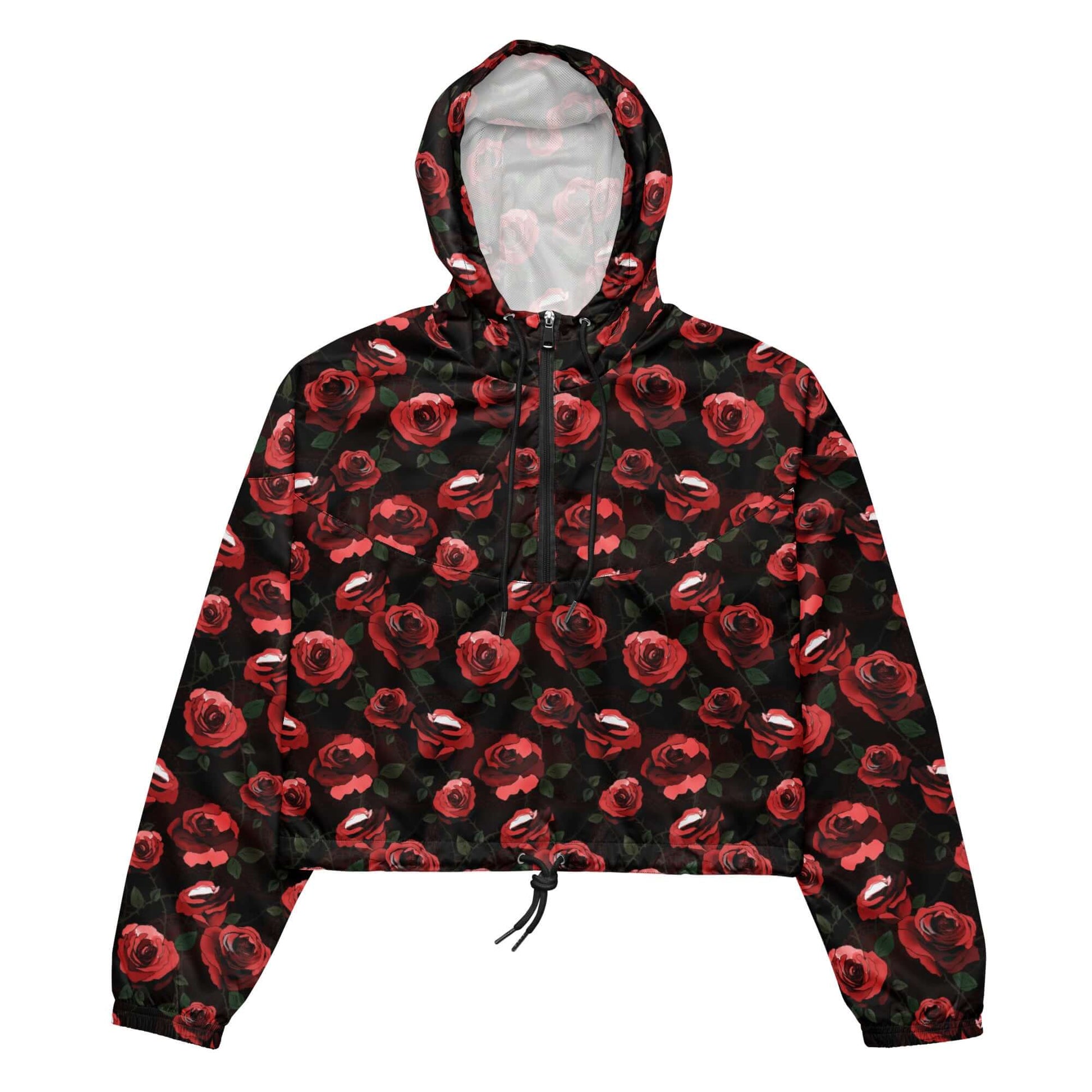Lightweight and stylish, the Enchanted Rose cropped windbreaker features a floral print, perfect for any adventure.