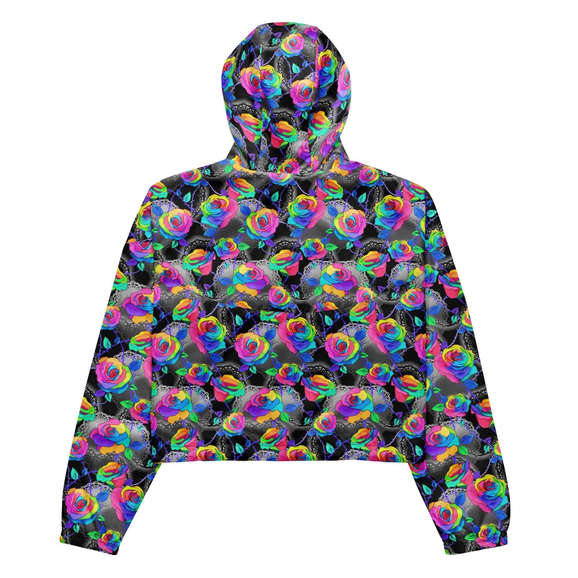 Stylish Enchanted Rose cropped windbreaker with vibrant floral design, perfect for rainy adventures.