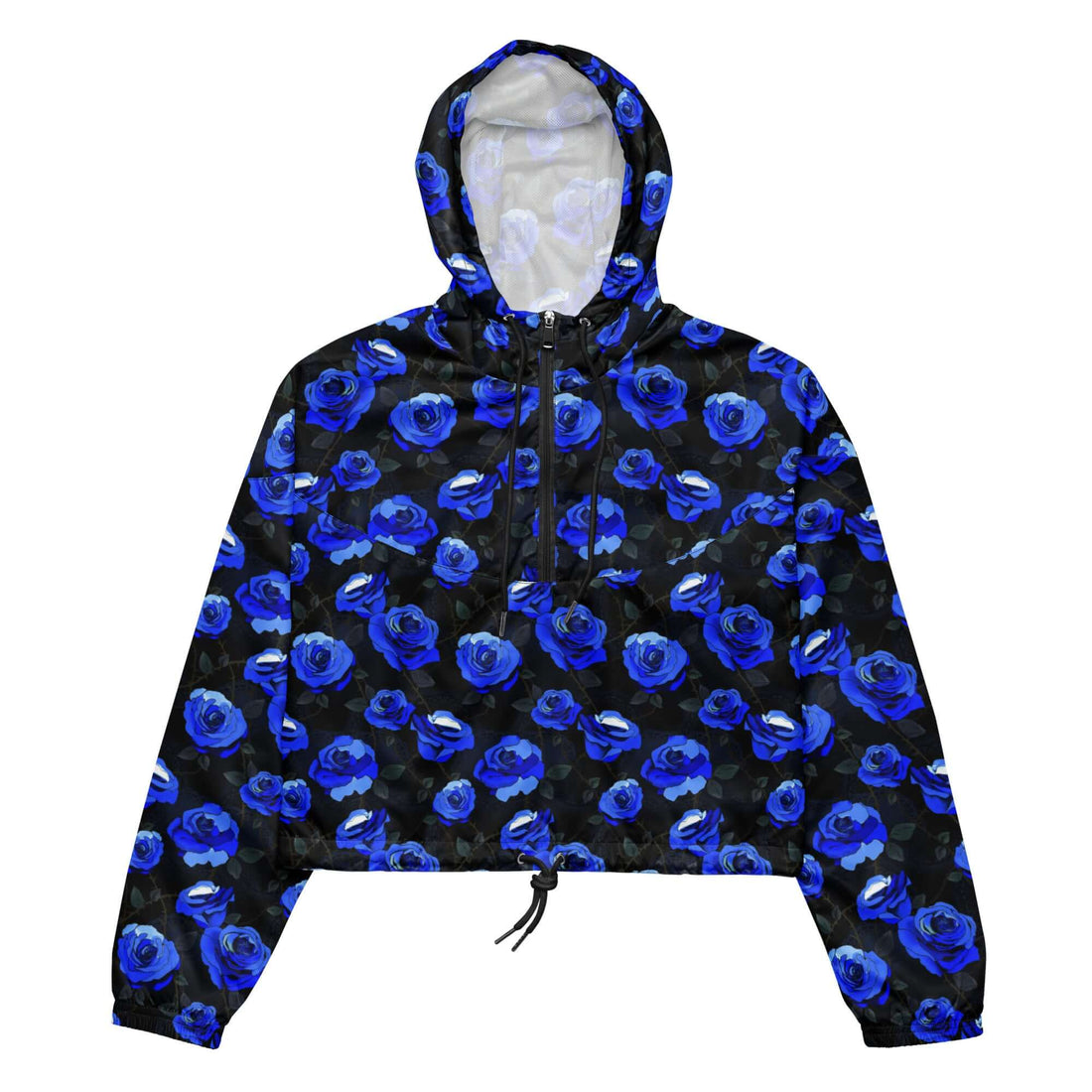 Lightweight and stylish, the Enchanted Rose cropped windbreaker features a floral design, perfect for any adventure.