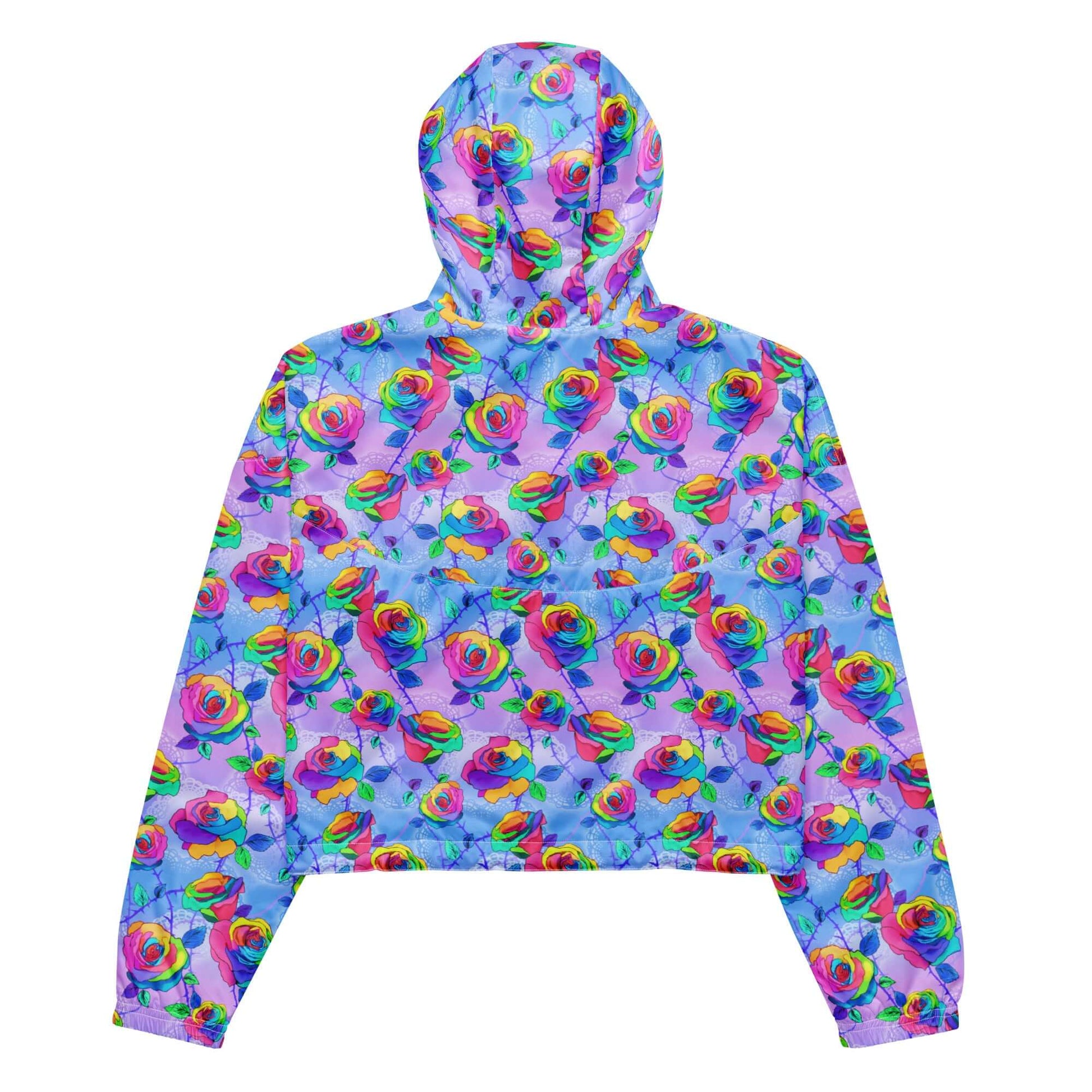 Vibrant Enchanted Rose cropped windbreaker, perfect for stylish hikes with waterproof features and adjustable details.