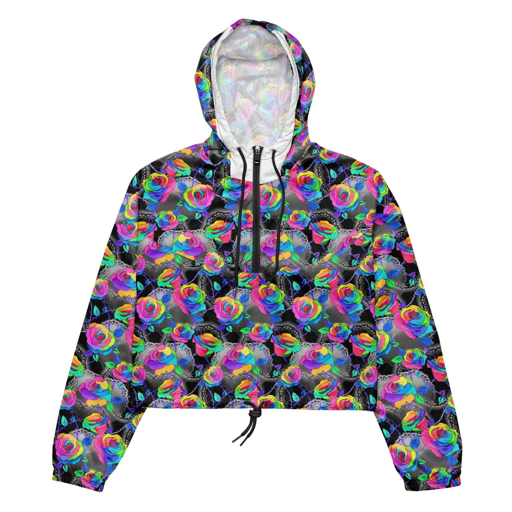 Bright and stylish, the Enchanted Rose cropped windbreaker is lightweight, waterproof, and perfect for any adventure.