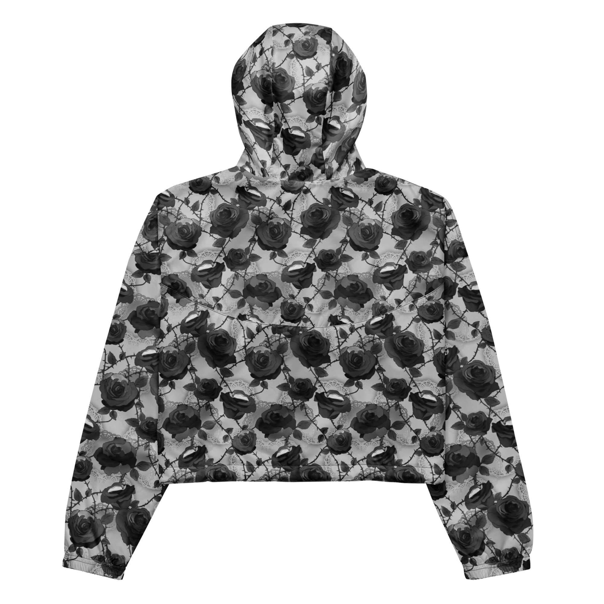 Lightweight Enchanted Rose cropped windbreaker with floral design, perfect for hiking in style and staying dry.