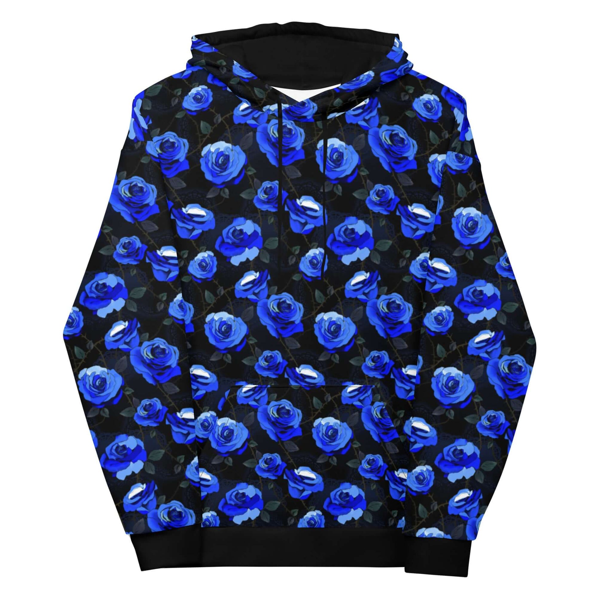 Stylish Enchanted Rose Hoodie featuring vibrant blue rose print, perfect for cozy, relaxed wear. Available now!