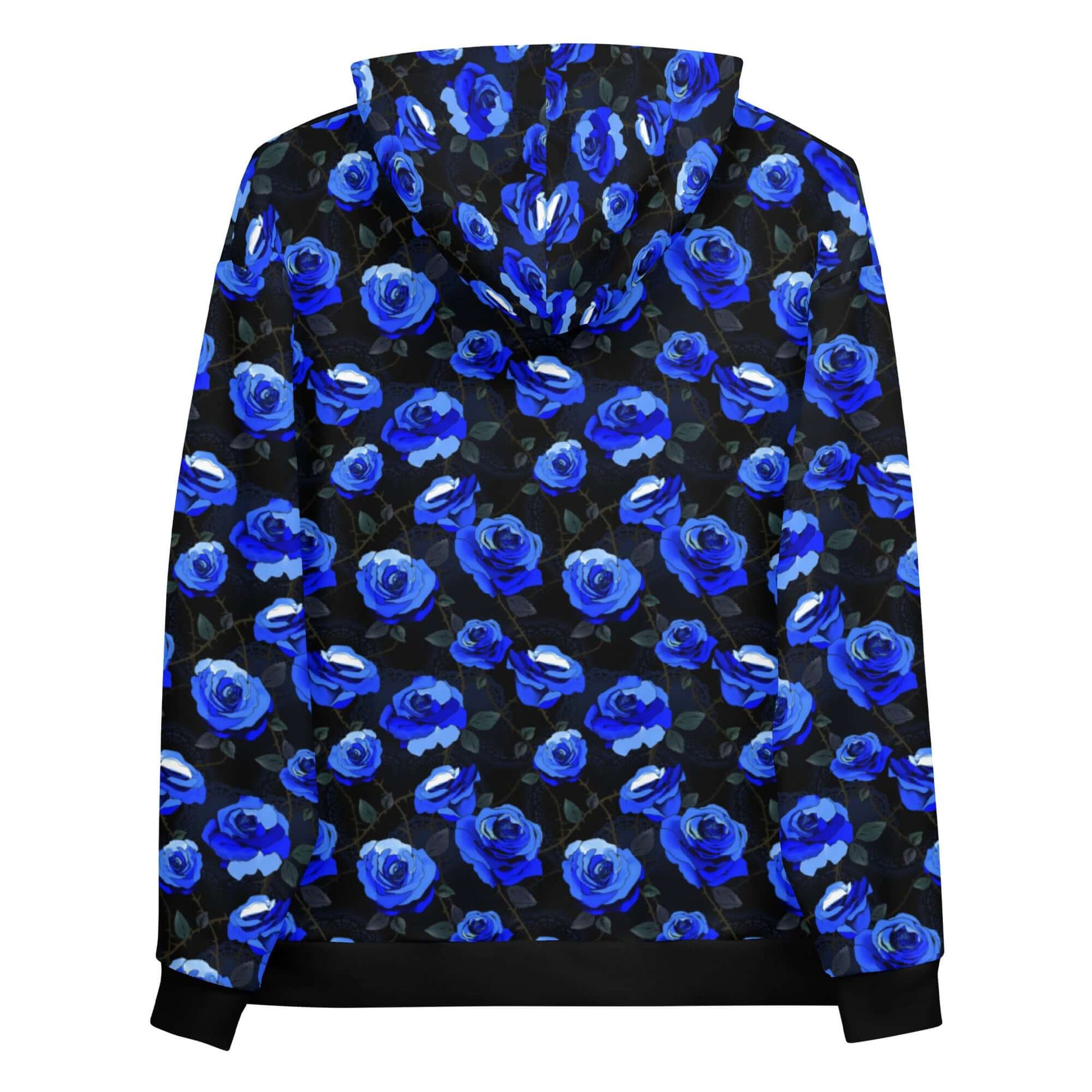 Stylish Enchanted Rose Hoodie featuring vibrant blue roses, perfect for a relaxed and comfy look.