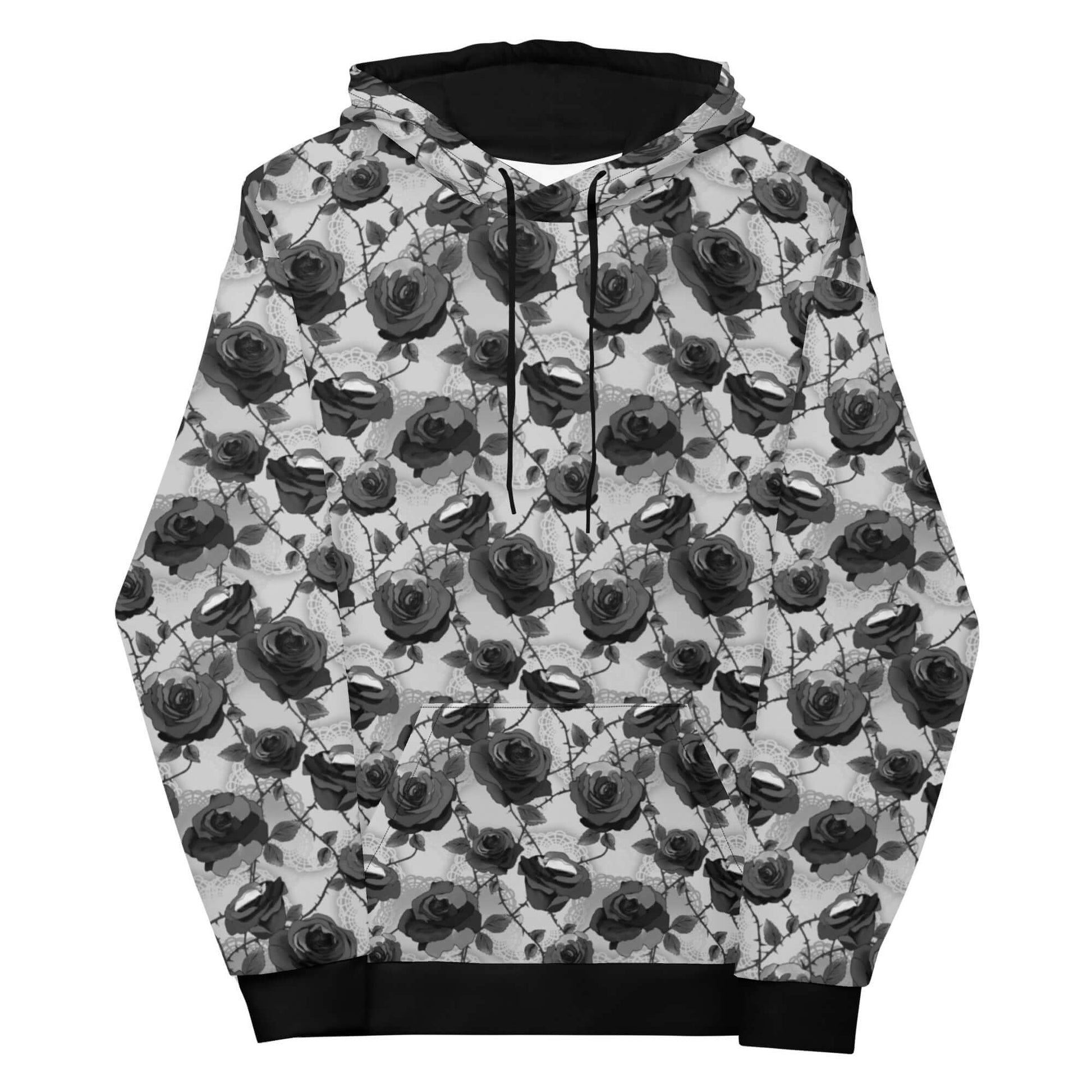 Stylish Enchanted Rose Hoodie featuring a vibrant floral print, perfect for a cozy and chic aesthetic.