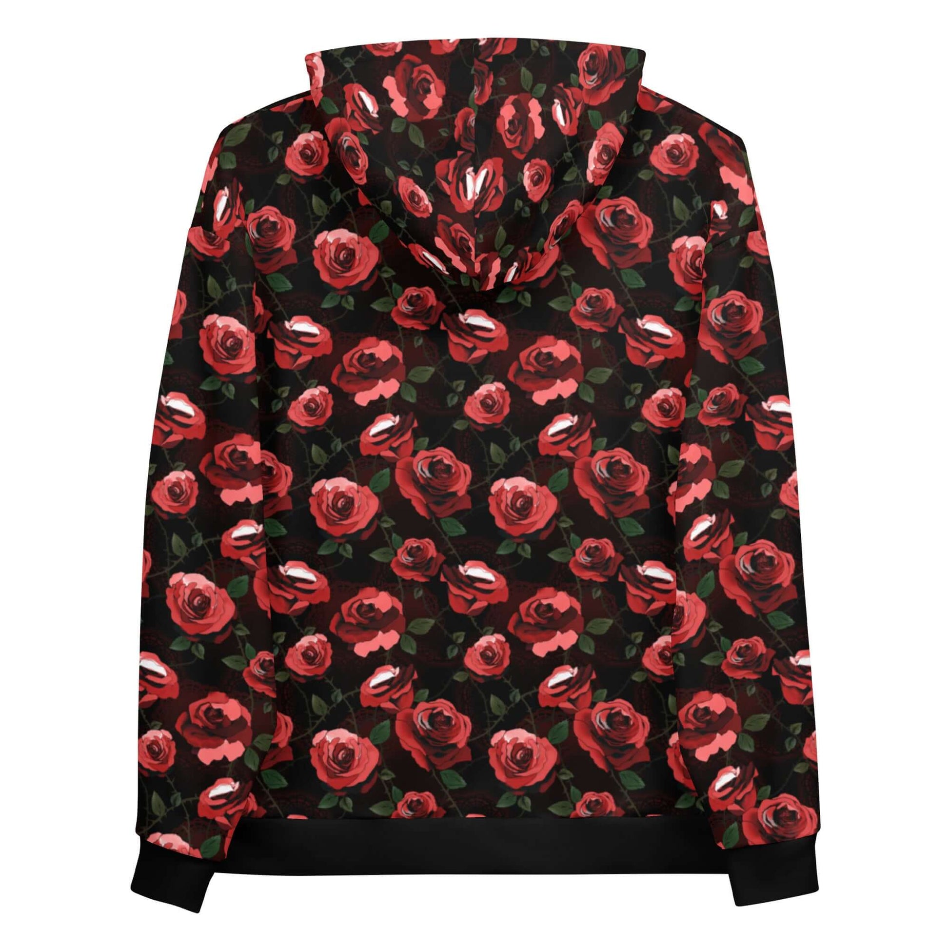 Vibrant floral design on the Enchanted Rose Hoodie, perfect for stylish comfort and relaxed fit.